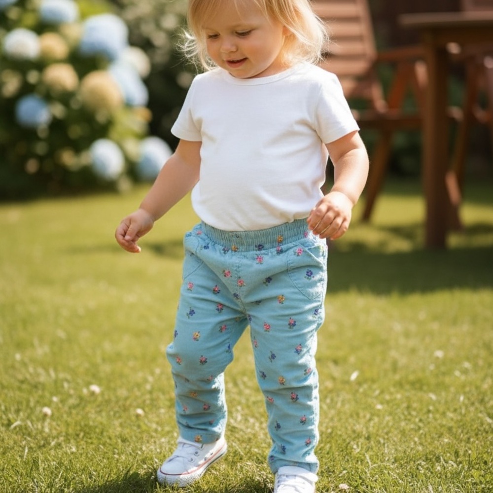 Mini Boden Light Blue Floral Corduroy Pants with Heart Shaped Pockets 4Y